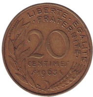 Монета 20 сантимов. 1963 год, Франция. Монета 20 сантимов. 1963 год, Франция.
