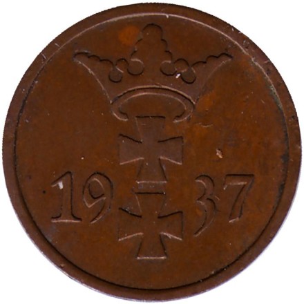Монета 1 пфенниг. 1937 год, Данциг. Монета 1 пфенниг. 1937 год, Данциг.