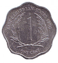 Монета 1 цент. 1986 год, Восточно-Карибские государства. Монета 1 цент. 1986 год, Восточно-Карибские государства.