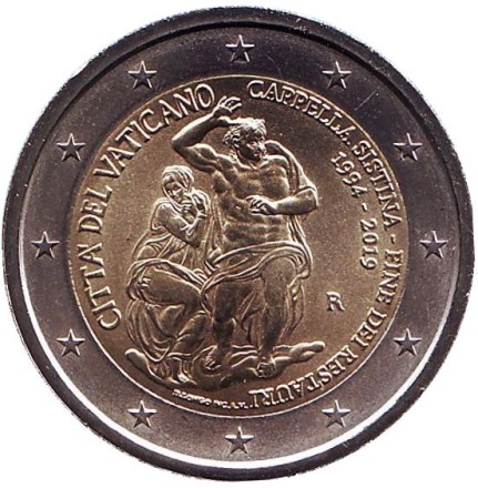 Монета 2 евро. 2019 год, Ватикан. 25 лет завершению реставрации Сикстинской капеллы.