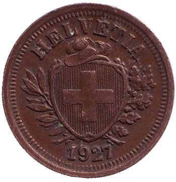 Монета 1 раппен. 1927 год, Швейцария.