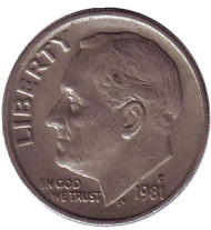 Монета 10 центов. 1981 (P) год, США. Рузвельт. Монета 10 центов. 1981 (P) год, США. Рузвельт.