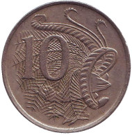 Монета 10 центов. 1972 год, Австралия. Лирохвост. Монета 10 центов. 1972 год, Австралия. Лирохвост.