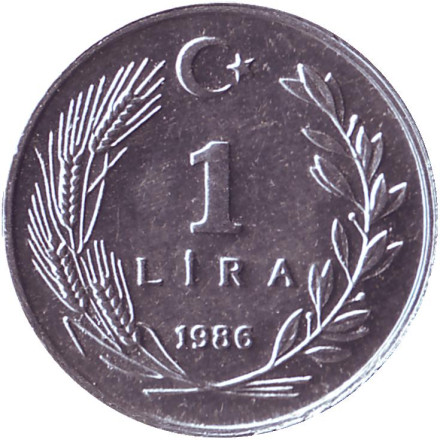 Монета 1 лира. 1986 год, Турция.