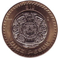 Монета 10 песо. 2009 год, Мексика. UNC. Тонатиу. Ацтекский солнечный камень. Орел.