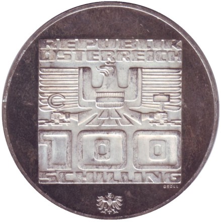 Монета 100 шиллингов. 1975 год, Австрия. XII зимние Олимпийские Игры. Инсбрук 1976. Лыжник. (Отметка - орел). Proof. Монета 100 шиллингов. 1975 год, Австрия. XII зимние Олимпийские Игры. Инсбрук 1976. Лыжник. (Отметка - орел). Proof.