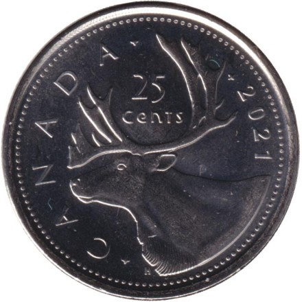 Монета 25 центов. 2021 год, Канада. Канадский олень (Карибу). Монета 25 центов. 2021 год, Канада. Канадский олень (Карибу).