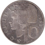 Монета 10 шиллингов. 1965 год, Австрия. Женщина из Вахау. Монета 10 шиллингов. 1965 год, Австрия. Женщина из Вахау.