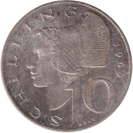 Монета 10 шиллингов. 1965 год, Австрия. Женщина из Вахау. Монета 10 шиллингов. 1965 год, Австрия. Женщина из Вахау.