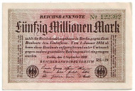 Рейхсбанкнота 50 миллионов марок. 1923 год, Веймарская республика. Рейхсбанкнота 50 миллионов марок. 1923 год, Веймарская республика.