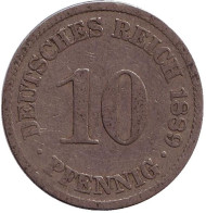 Монета 10 пфеннигов. 1889 год (A), Германская империя. Монета 10 пфеннигов. 1889 год (A), Германская империя.