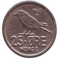 Монета 25 эре. 1961 год, Норвегия. Птица. Монета 25 эре. 1961 год, Норвегия. Птица.