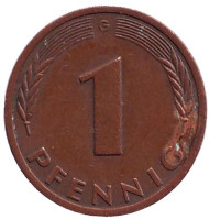 Монета 1 пфенниг. 1978 год (G), ФРГ. Дубовые листья. Монета 1 пфенниг. 1978 год (G), ФРГ. Дубовые листья.