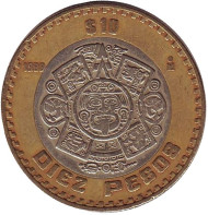 Монета 10 песо. 1998 год, Мексика. Тонатиу. Ацтекский солнечный камень. Орел.