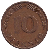 Монета 10 пфеннигов. 1950 год (G), ФРГ. Дубовые листья. Монета 10 пфеннигов. 1950 год (G), ФРГ. Дубовые листья.