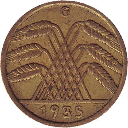 Монета 10 рейхспфеннигов. 1935 (G) год, Веймарская республика. Монета 10 рейхспфеннигов. 1935 (G) год, Веймарская республика.