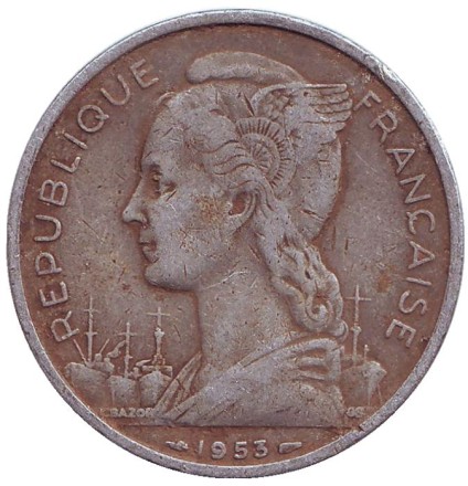 Монета 5 франков. 1953 год, Мадагаскар. Буйволы.