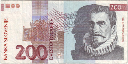 Банкнота 200 толаров. 1997 год, Словения. Якоб Галлус.