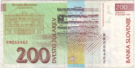 Банкнота 200 толаров. 1997 год, Словения. Якоб Галлус.