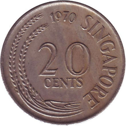Монета 20 центов. 1970 год. Сингапур. Рыба-меч.