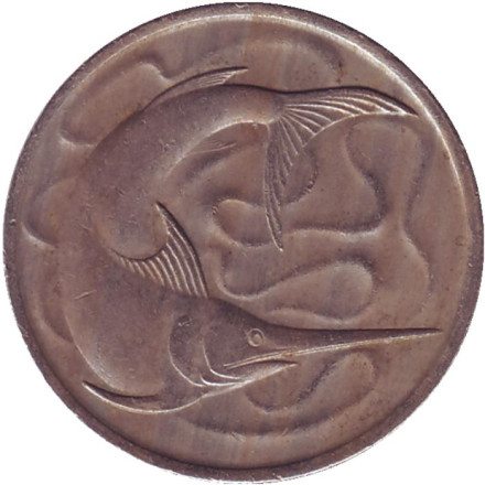 Монета 20 центов. 1970 год. Сингапур. Рыба-меч.