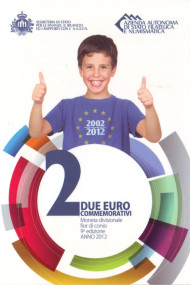Монета 2 евро в буклете, 2012 год, Сан-Марино. 10 лет введения наличных евро. Монета 2 евро в буклете, 2012 год, Сан-Марино. 10 лет введения наличных евро.