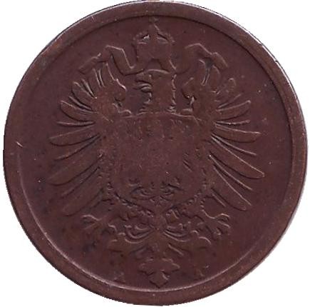 Монета 2 пфеннига. 1876 год (А), Германская империя. Монета 2 пфеннига. 1876 год (А), Германская империя.