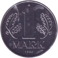 Монета 1 марка. 1980 год (A), ГДР. BU. Монета 1 марка. 1980 год (A), ГДР. BU.
