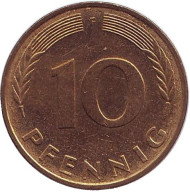 Монета 10 пфеннигов. 1979 год (F), ФРГ. Дубовые листья. Монета 10 пфеннигов. 1979 год (F), ФРГ. Дубовые листья.