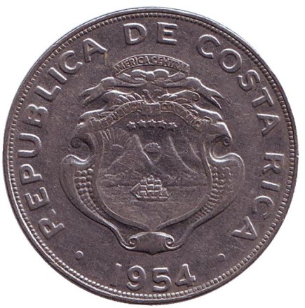 Монета 1 колон. 1954 год, Коста-Рика. Монета 1 колон. 1954 год, Коста-Рика.