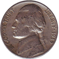 Монета 5 центов. 1939 год (S), США. Джефферсон. Монтичелло. Монета 5 центов. 1939 год (S), США. Джефферсон. Монтичелло.