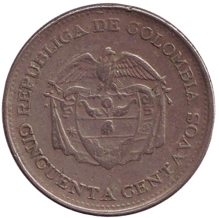 Монета 50 сентаво. 1966 год, Колумбия. Симон Боливар.
