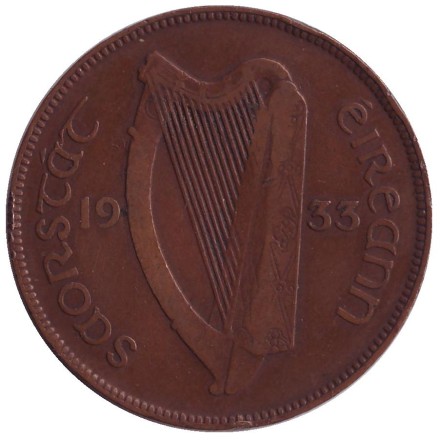 Монета 1 пенни. 1933 год, Ирландия. Птица. Ирландская арфа. Монета 1 пенни. 1933 год, Ирландия. Птица. Ирландская арфа.