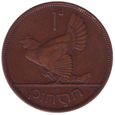Монета 1 пенни. 1933 год, Ирландия. Птица. Ирландская арфа.