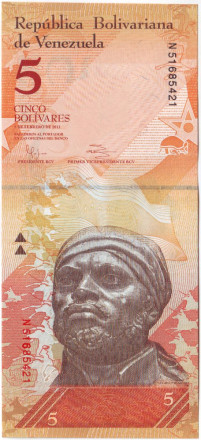 Банкнота 5 боливаров. 2011 год, Венесуэла.