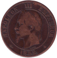 Монета 10 сантимов. 1862 год (BB), Франция. Наполеон III. Монета 10 сантимов. 1862 год (BB), Франция. Наполеон III.