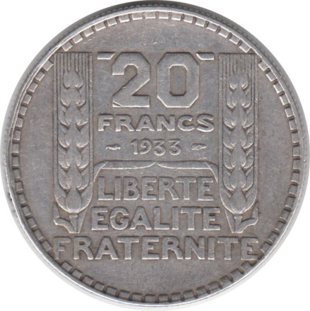 Монета 20 франков. 1933 год, Франция.