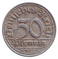 Монета 50 пфеннигов. 1922 год (D), Веймарская республика. Монета 50 пфеннигов. 1922 год (D), Веймарская республика.