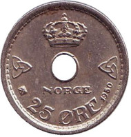 Монета 25 эре. 1950 год, Норвегия. Монета 25 эре. 1950 год, Норвегия.