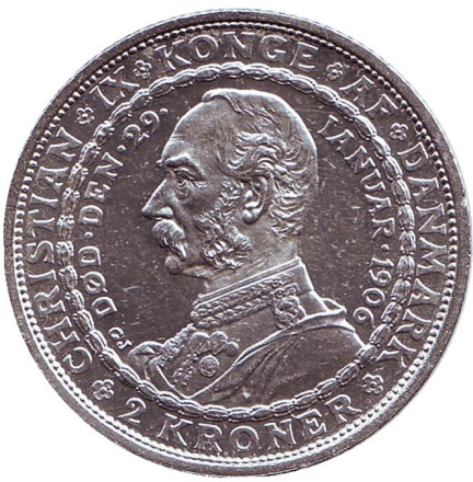 Монета 2 кроны. 1906 год, Дания. Смерть Кристиана IX и вступление на престол Фредерика VIII.