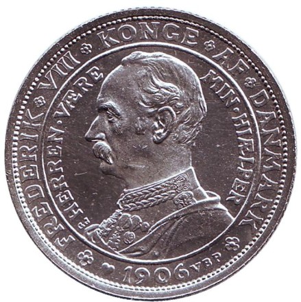 Монета 2 кроны. 1906 год, Дания. Смерть Кристиана IX и вступление на престол Фредерика VIII. Монета 2 кроны. 1906 год, Дания. Смерть Кристиана IX и вступление на престол Фредерика VIII.