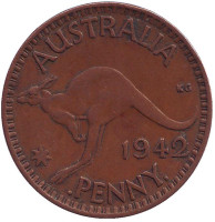 Кенгуру. Монета 1 пенни. 1942 год, Австралия. ("I" ниже бюста)