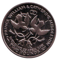 Монета 2 фунта. 2011 год, Остров Вознесения. (Вар. II) Свадьба принца Уильяма и Кэтрин Миддлтон. Монета 2 фунта. 2011 год, Остров Вознесения. (Вар. II) Свадьба принца Уильяма и Кэтрин Миддлтон.