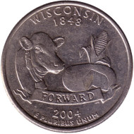 Монета 25 центов (D). 2004 год, США. Висконсин. Штат № 30. Монета 25 центов (D). 2004 год, США. Висконсин. Штат № 30.