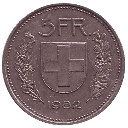 Монета 5 франков. 1982 год, Швейцария. Из обращения. Вильгельм Телль. Монета 5 франков. 1982 год, Швейцария. Из обращения. Вильгельм Телль.