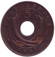Монета 5 центов. 1937 год, Восточная Африка. (KN). Монета 5 центов. 1937 год, Восточная Африка. (KN).