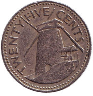 Монета 25 центов. 1980 год, Барбадос. Сахарная мельница Моргана Льюиса. Монета 25 центов. 1980 год, Барбадос. Сахарная мельница Моргана Льюиса.