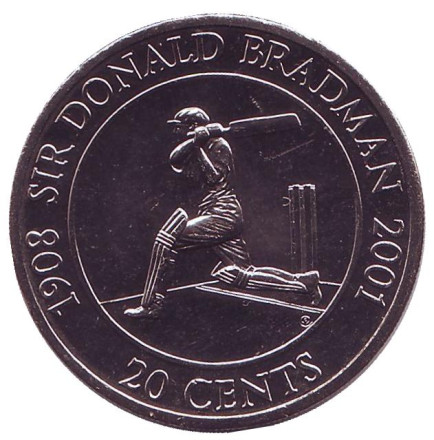 Монета 20 центов. 2001 год, Австралия. Сэр Дональд Брэдман. Крикет.