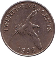 Монета 25 центов. 1993 год, Бермудские острова. Белохвостый фаэтон. Монета 25 центов. 1993 год, Бермудские острова. Белохвостый фаэтон.