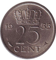 Монета 25 центов. 1955 год, Нидерланды. Монета 25 центов. 1955 год, Нидерланды.